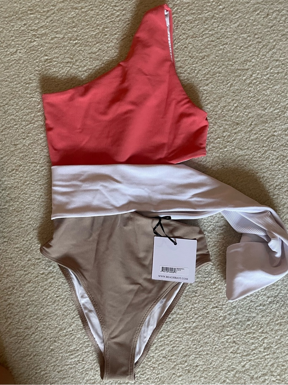 NWT Beach Riot Ribbed One-Shoulder Colorblock Swimsuit - Coral, White & Taupe